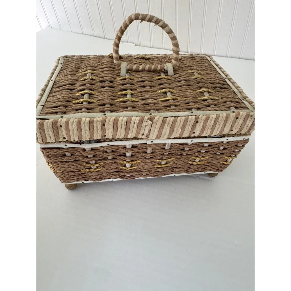 Vintage Sewing Basket Notions Box Woven Decorative Trinket Storage Used Grandma
